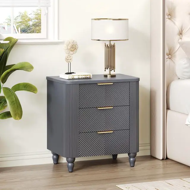 Main image of Mid-Century Fluted 3 Drawers Nightstand, Bedside Table With Curved Profile Design And Wide Gold Glossy Handles, End Table For Living Room, Bedroom, Easy Assembly, Dark Gray