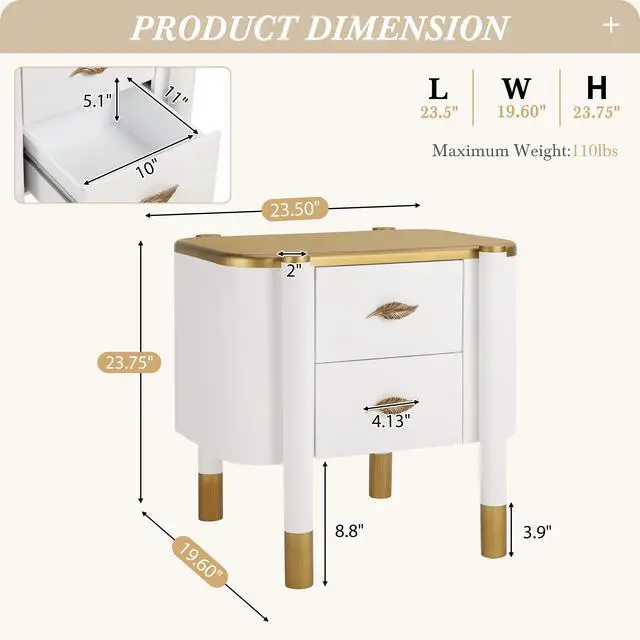 Alt view image 2 of 7 - Contemporary 2 Drawers Nightstand With Curved Profile Design, Bedside Table With Metal Feather-Shaped Handles And Exposed Legs, End Table For Living Room And Bedroom, Easy Assembly, White