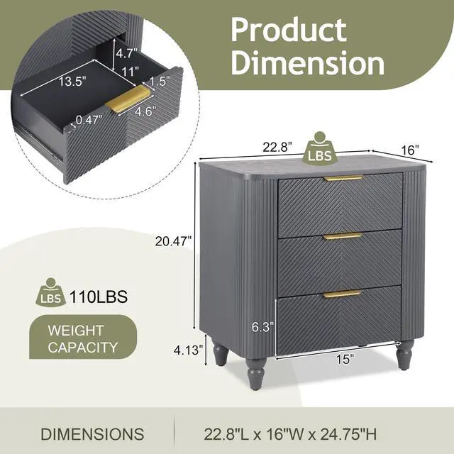 Alt view image 2 of 7 - Mid-Century Fluted 3 Drawers Nightstand, Bedside Table With Curved Profile Design And Wide Gold Glossy Handles, End Table For Living Room, Bedroom, Easy Assembly, Dark Gray