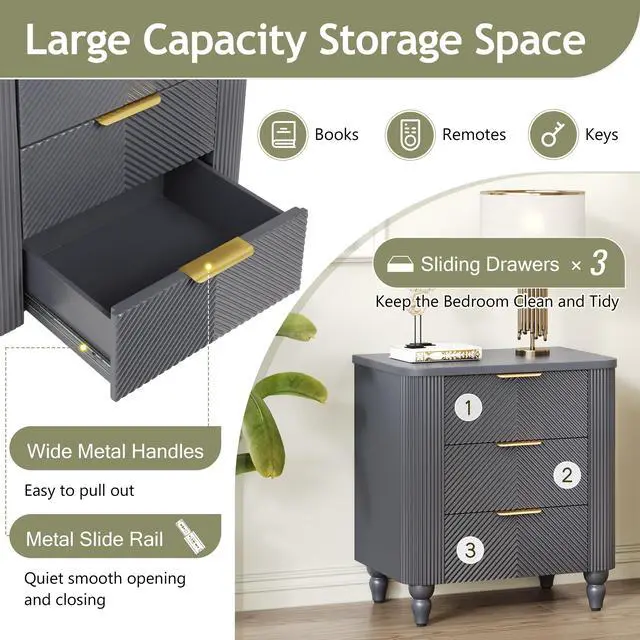 Alt view image 3 of 7 - Mid-Century Fluted 3 Drawers Nightstand, Bedside Table With Curved Profile Design And Wide Gold Glossy Handles, End Table For Living Room, Bedroom, Easy Assembly, Dark Gray