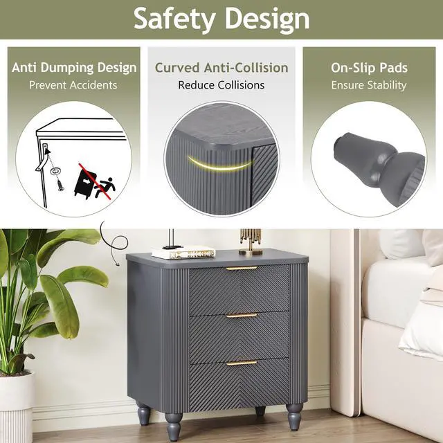 Alt view image 4 of 7 - Mid-Century Fluted 3 Drawers Nightstand, Bedside Table With Curved Profile Design And Wide Gold Glossy Handles, End Table For Living Room, Bedroom, Easy Assembly, Dark Gray