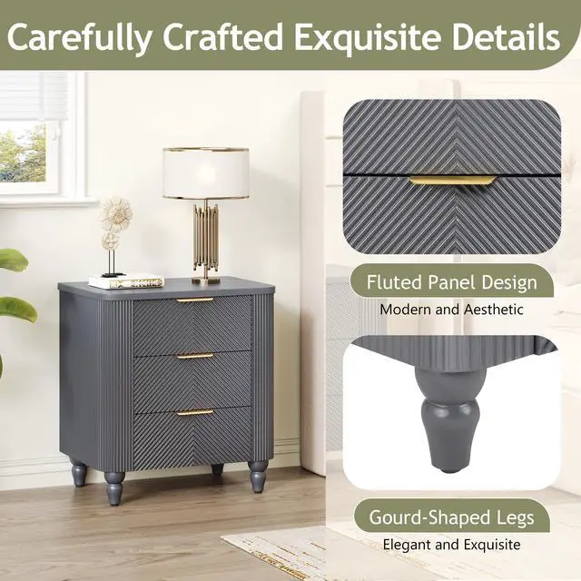 Alt view image 5 of 7 - Mid-Century Fluted 3 Drawers Nightstand, Bedside Table With Curved Profile Design And Wide Gold Glossy Handles, End Table For Living Room, Bedroom, Easy Assembly, Dark Gray
