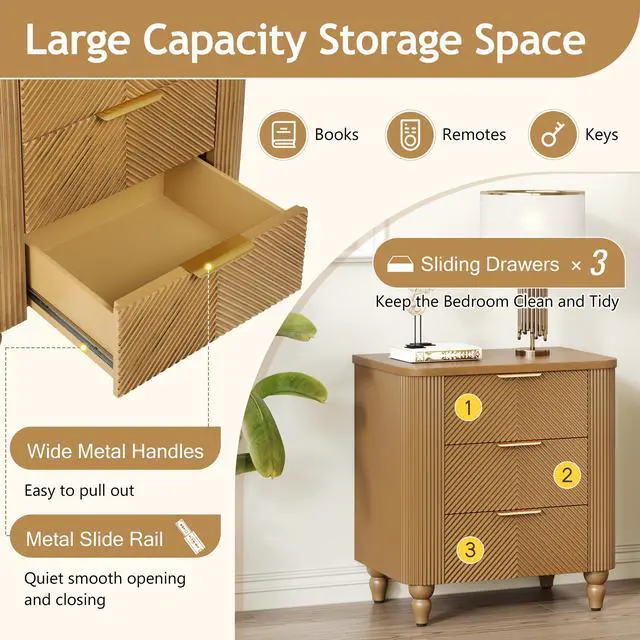 Alt view image 3 of 6 - Mid-Century Fluted 3 Drawers Nightstand, Bedside Table With Curved Profile Design And Wide Gold Glossy Handles, End Table For Living Room, Bedroom, Easy Assembly, Natural
