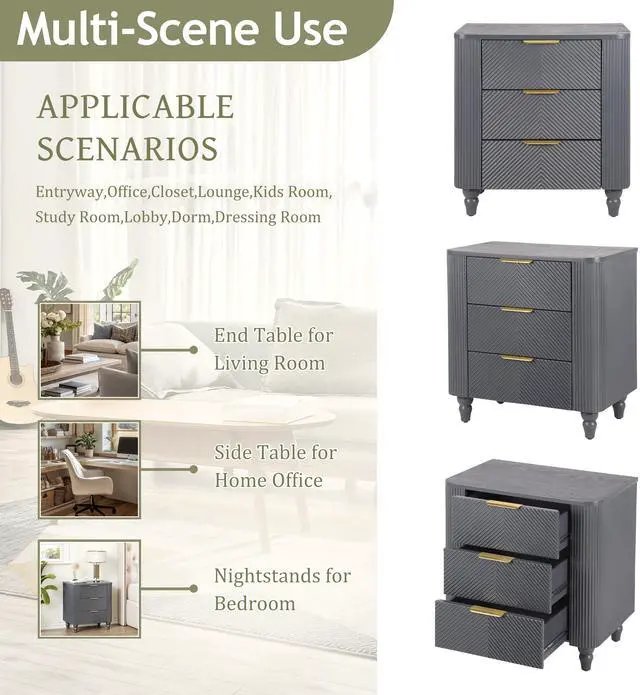 Alt view image 6 of 7 - Mid-Century Fluted 3 Drawers Nightstand, Bedside Table With Curved Profile Design And Wide Gold Glossy Handles, End Table For Living Room, Bedroom, Easy Assembly, Dark Gray
