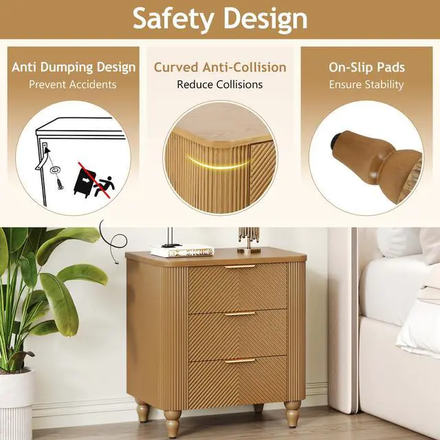Alt view image 4 of 6 - Mid-Century Fluted 3 Drawers Nightstand, Bedside Table With Curved Profile Design And Wide Gold Glossy Handles, End Table For Living Room, Bedroom, Easy Assembly, Natural