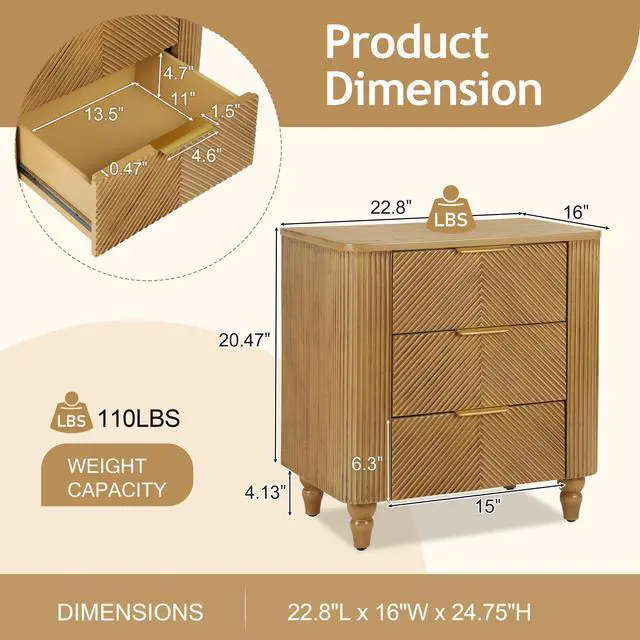 Alt view image 2 of 6 - Mid-Century Fluted 3 Drawers Nightstand, Bedside Table With Curved Profile Design And Wide Gold Glossy Handles, End Table For Living Room, Bedroom, Easy Assembly, Natural