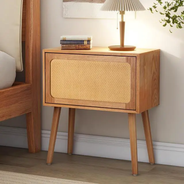 Alt view image 7 of 7 - Rotating Hidden Compartment Nightstands, Mid Century Modern Concealment Furniture, Rattan Bed Side Table, Compartment End Table With Wood Legs, Bedside Tables For Bedroom, Living Room, Dorm, Natural