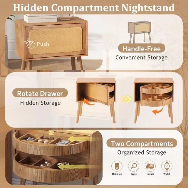 Alt view image 4 of 7 - Rotating Hidden Compartment Nightstands, Mid Century Modern Concealment Furniture, Rattan Bed Side Table, Compartment End Table With Wood Legs, Bedside Tables For Bedroom, Living Room, Dorm, Natural