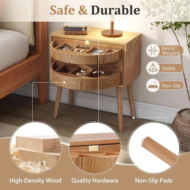 Alt view image 5 of 7 - Rotating Hidden Compartment Nightstands, Mid Century Modern Concealment Furniture, Rattan Bed Side Table, Compartment End Table With Wood Legs, Bedside Tables For Bedroom, Living Room, Dorm, Natural
