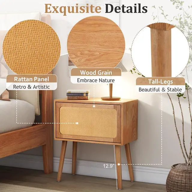 Alt view image 3 of 7 - Rotating Hidden Compartment Nightstands, Mid Century Modern Concealment Furniture, Rattan Bed Side Table, Compartment End Table With Wood Legs, Bedside Tables For Bedroom, Living Room, Dorm, Natural