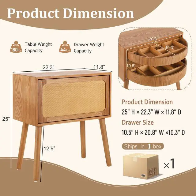 Alt view image 2 of 7 - Rotating Hidden Compartment Nightstands, Mid Century Modern Concealment Furniture, Rattan Bed Side Table, Compartment End Table With Wood Legs, Bedside Tables For Bedroom, Living Room, Dorm, Natural