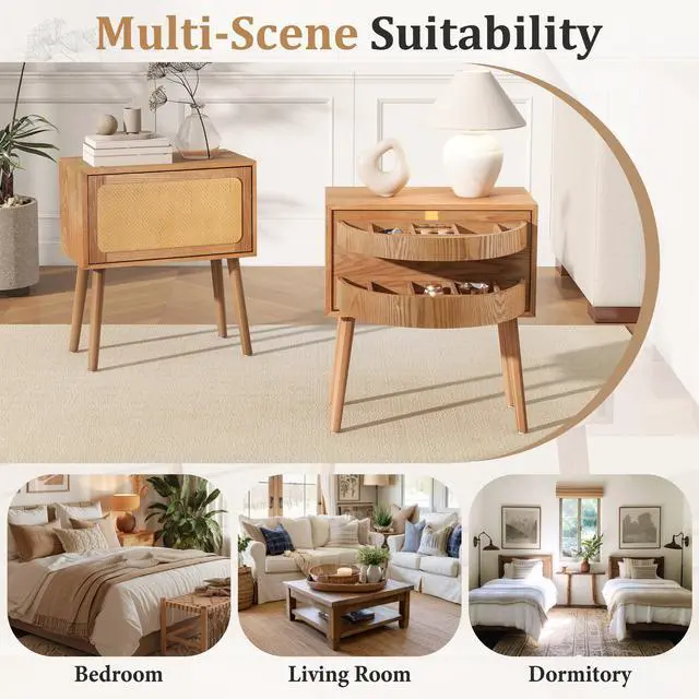 Alt view image 6 of 7 - Rotating Hidden Compartment Nightstands, Mid Century Modern Concealment Furniture, Rattan Bed Side Table, Compartment End Table With Wood Legs, Bedside Tables For Bedroom, Living Room, Dorm, Natural