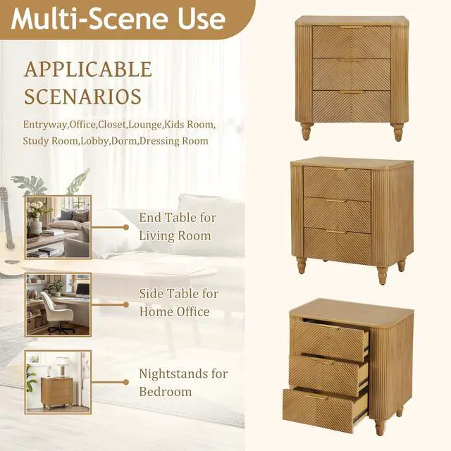 Alt view image 5 of 6 - Mid-Century Fluted 3 Drawers Nightstand, Bedside Table With Curved Profile Design And Wide Gold Glossy Handles, End Table For Living Room, Bedroom, Easy Assembly, Natural