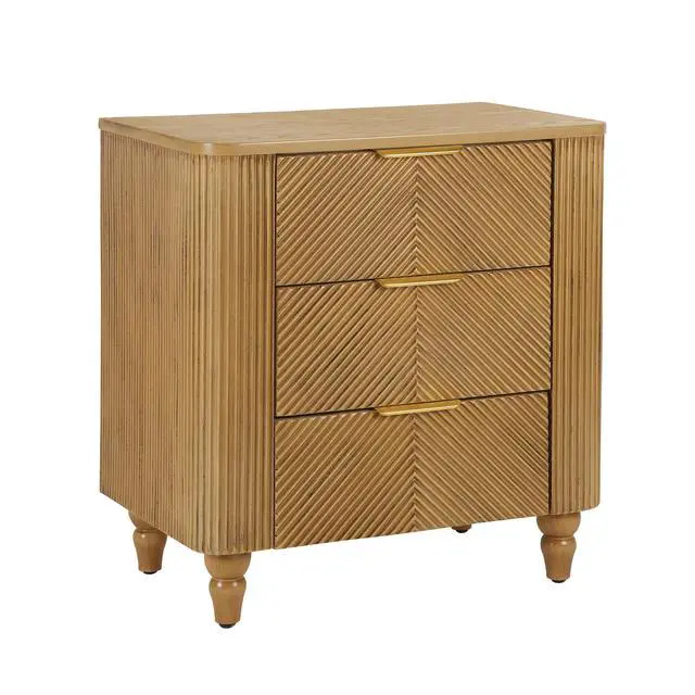 Alt view image 6 of 6 - Mid-Century Fluted 3 Drawers Nightstand, Bedside Table With Curved Profile Design And Wide Gold Glossy Handles, End Table For Living Room, Bedroom, Easy Assembly, Natural