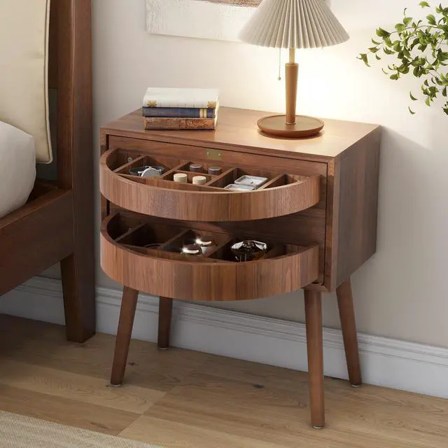 Main image of Rotating Hidden Compartment Nightstands, Mid Century Modern Concealment Furniture, Rattan Bed Side Table, Compartment End Table With Wood Legs, Bedside Tables For Bedroom, Living Room, Dorm,Walnut