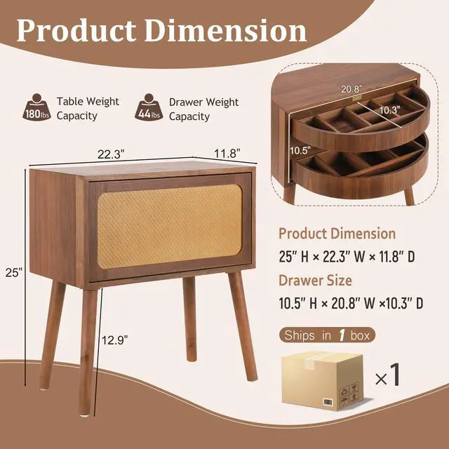 Alt view image 2 of 7 - Rotating Hidden Compartment Nightstands, Mid Century Modern Concealment Furniture, Rattan Bed Side Table, Compartment End Table With Wood Legs, Bedside Tables For Bedroom, Living Room, Dorm,Walnut