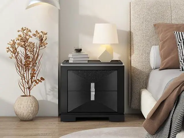 Alt view image 3 of 7 - Mid-Century Modern Nightstand, 2 Drawers Wide Sofa Side Table,Wood Diamond Shaped End Table With Storage,Closet With Heavy Duty Base,Small Bedside Table For Bedroom,Living Room,Entrance,Black