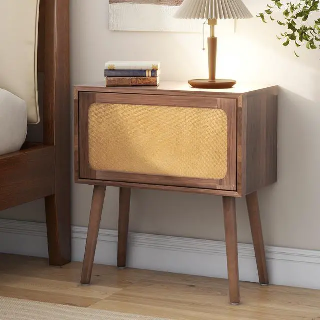 Alt view image 7 of 7 - Rotating Hidden Compartment Nightstands, Mid Century Modern Concealment Furniture, Rattan Bed Side Table, Compartment End Table With Wood Legs, Bedside Tables For Bedroom, Living Room, Dorm,Walnut