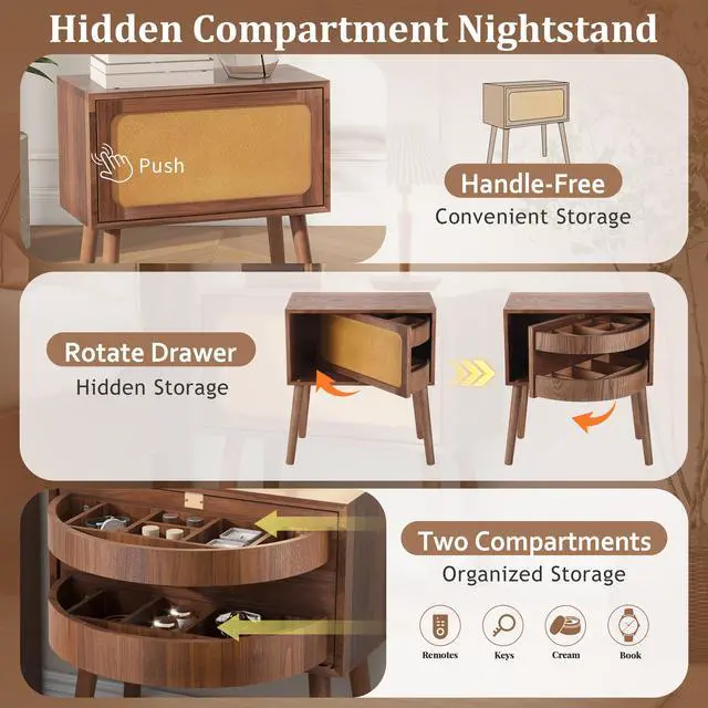 Alt view image 4 of 7 - Rotating Hidden Compartment Nightstands, Mid Century Modern Concealment Furniture, Rattan Bed Side Table, Compartment End Table With Wood Legs, Bedside Tables For Bedroom, Living Room, Dorm,Walnut