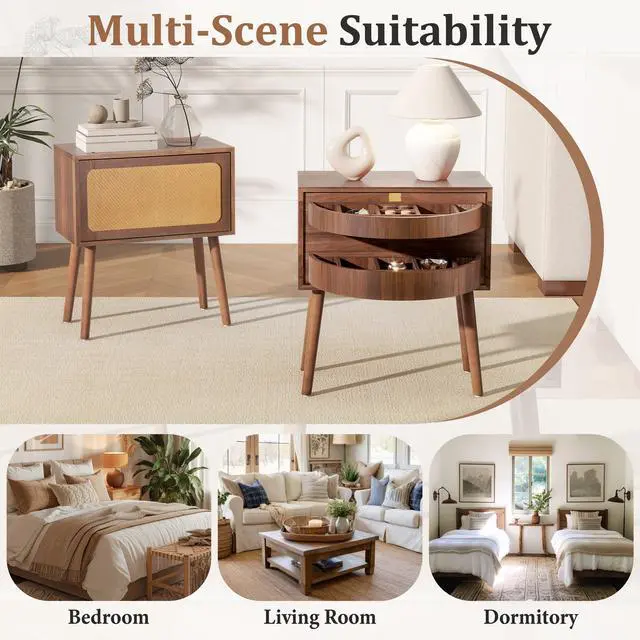 Alt view image 6 of 7 - Rotating Hidden Compartment Nightstands, Mid Century Modern Concealment Furniture, Rattan Bed Side Table, Compartment End Table With Wood Legs, Bedside Tables For Bedroom, Living Room, Dorm,Walnut