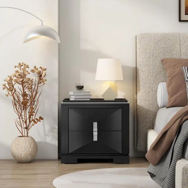 Alt view image 2 of 7 - Mid-Century Modern Nightstand, 2 Drawers Wide Sofa Side Table,Wood Diamond Shaped End Table With Storage,Closet With Heavy Duty Base,Small Bedside Table For Bedroom,Living Room,Entrance,Black
