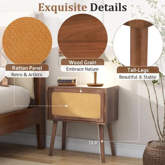 Alt view image 3 of 7 - Rotating Hidden Compartment Nightstands, Mid Century Modern Concealment Furniture, Rattan Bed Side Table, Compartment End Table With Wood Legs, Bedside Tables For Bedroom, Living Room, Dorm,Walnut
