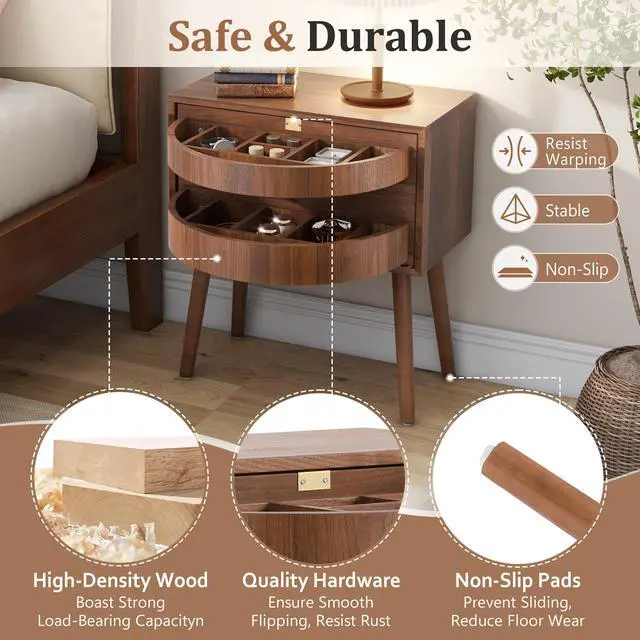 Alt view image 5 of 7 - Rotating Hidden Compartment Nightstands, Mid Century Modern Concealment Furniture, Rattan Bed Side Table, Compartment End Table With Wood Legs, Bedside Tables For Bedroom, Living Room, Dorm,Walnut