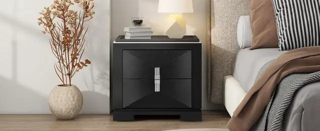 Alt view image 4 of 7 - Mid-Century Modern Nightstand, 2 Drawers Wide Sofa Side Table,Wood Diamond Shaped End Table With Storage,Closet With Heavy Duty Base,Small Bedside Table For Bedroom,Living Room,Entrance,Black