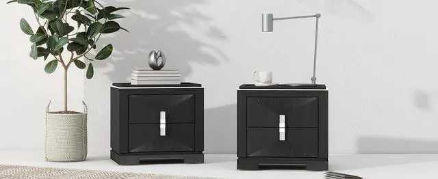 Alt view image 7 of 7 - Mid-Century Modern Nightstand, 2 Drawers Wide Sofa Side Table,Wood Diamond Shaped End Table With Storage,Closet With Heavy Duty Base,Small Bedside Table For Bedroom,Living Room,Entrance,Black