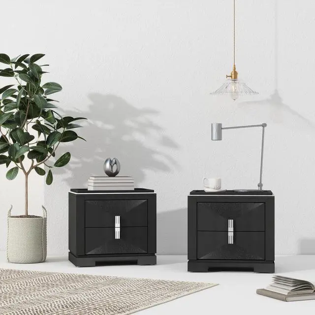 Alt view image 5 of 7 - Mid-Century Modern Nightstand, 2 Drawers Wide Sofa Side Table,Wood Diamond Shaped End Table With Storage,Closet With Heavy Duty Base,Small Bedside Table For Bedroom,Living Room,Entrance,Black