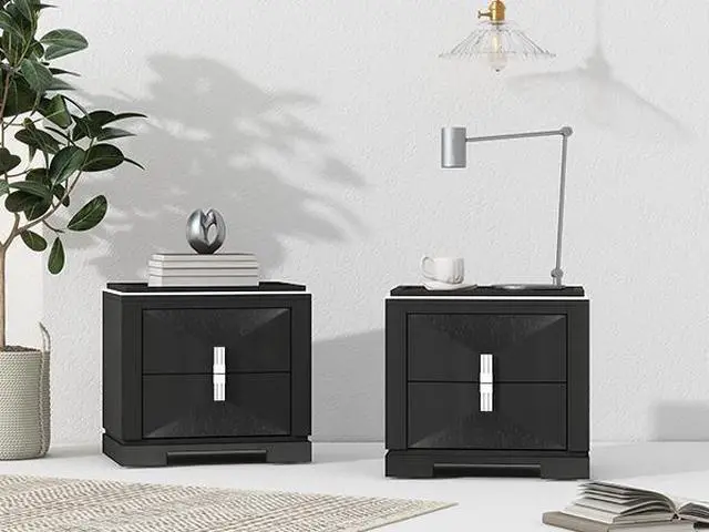 Alt view image 6 of 7 - Mid-Century Modern Nightstand, 2 Drawers Wide Sofa Side Table,Wood Diamond Shaped End Table With Storage,Closet With Heavy Duty Base,Small Bedside Table For Bedroom,Living Room,Entrance,Black