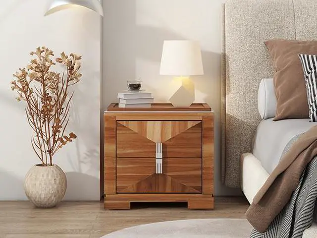 Alt view image 3 of 7 - Mid-Century Modern Nightstand, 2 Drawers Wide Sofa Side Table,Wood Diamond Shaped End Table With Storage,Closet With Heavy Duty Base,Small Bedside Table For Bedroom,Living Room,Entrance, Light Brown