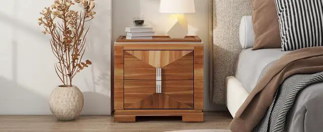Alt view image 4 of 7 - Mid-Century Modern Nightstand, 2 Drawers Wide Sofa Side Table,Wood Diamond Shaped End Table With Storage,Closet With Heavy Duty Base,Small Bedside Table For Bedroom,Living Room,Entrance, Light Brown