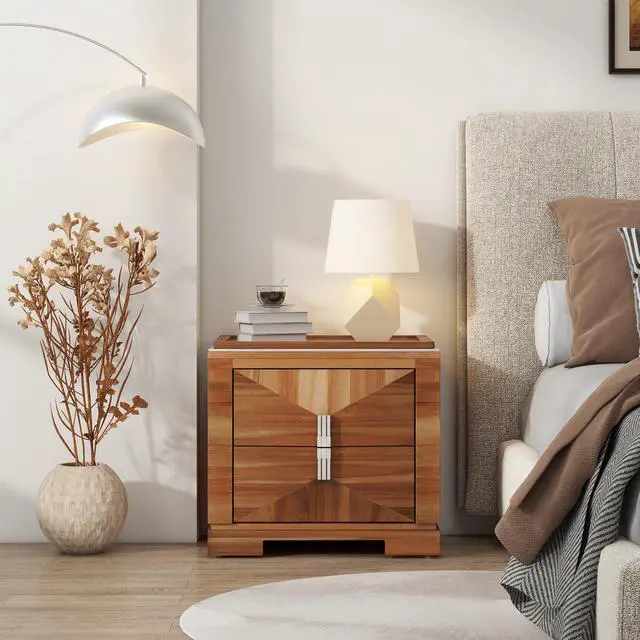 Alt view image 2 of 7 - Mid-Century Modern Nightstand, 2 Drawers Wide Sofa Side Table,Wood Diamond Shaped End Table With Storage,Closet With Heavy Duty Base,Small Bedside Table For Bedroom,Living Room,Entrance, Light Brown