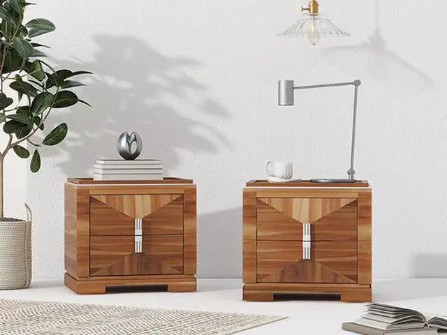 Alt view image 6 of 7 - Mid-Century Modern Nightstand, 2 Drawers Wide Sofa Side Table,Wood Diamond Shaped End Table With Storage,Closet With Heavy Duty Base,Small Bedside Table For Bedroom,Living Room,Entrance, Light Brown