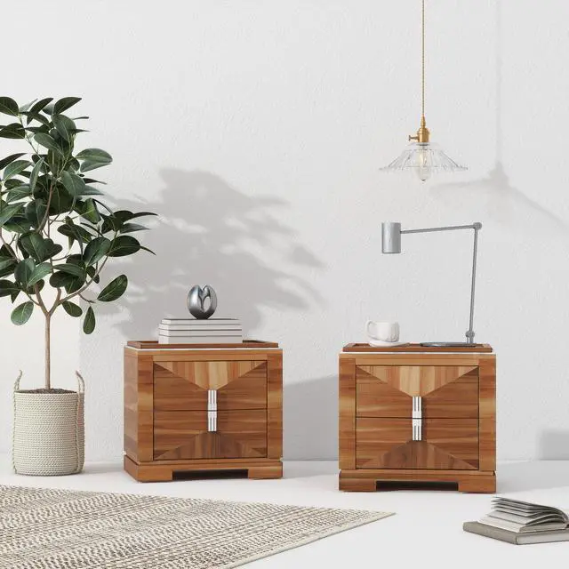 Alt view image 5 of 7 - Mid-Century Modern Nightstand, 2 Drawers Wide Sofa Side Table,Wood Diamond Shaped End Table With Storage,Closet With Heavy Duty Base,Small Bedside Table For Bedroom,Living Room,Entrance, Light Brown