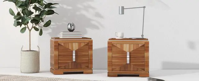Alt view image 7 of 7 - Mid-Century Modern Nightstand, 2 Drawers Wide Sofa Side Table,Wood Diamond Shaped End Table With Storage,Closet With Heavy Duty Base,Small Bedside Table For Bedroom,Living Room,Entrance, Light Brown