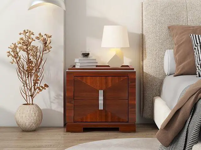 Alt view image 3 of 7 - Mid-Century Modern Nightstand, 2 Drawers Wide Sofa Side Table,Wood Diamond Shaped End Table With Storage,Closet With Heavy Duty Base,Small Bedside Table For Bedroom,Living Room,Entrance, Dark Brown