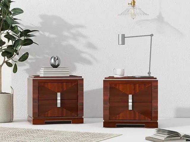 Alt view image 6 of 7 - Mid-Century Modern Nightstand, 2 Drawers Wide Sofa Side Table,Wood Diamond Shaped End Table With Storage,Closet With Heavy Duty Base,Small Bedside Table For Bedroom,Living Room,Entrance, Dark Brown