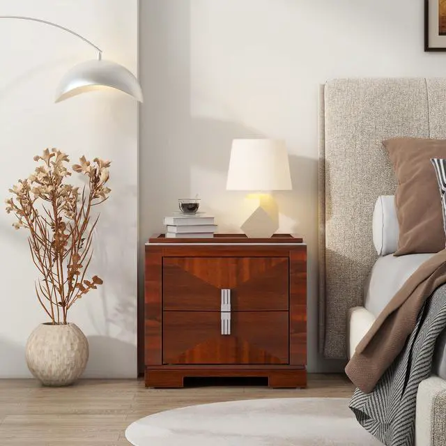 Alt view image 2 of 7 - Mid-Century Modern Nightstand, 2 Drawers Wide Sofa Side Table,Wood Diamond Shaped End Table With Storage,Closet With Heavy Duty Base,Small Bedside Table For Bedroom,Living Room,Entrance, Dark Brown