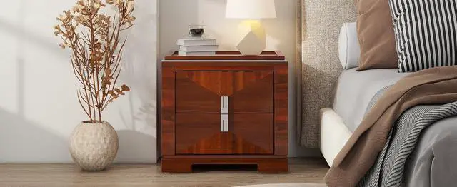 Alt view image 4 of 7 - Mid-Century Modern Nightstand, 2 Drawers Wide Sofa Side Table,Wood Diamond Shaped End Table With Storage,Closet With Heavy Duty Base,Small Bedside Table For Bedroom,Living Room,Entrance, Dark Brown