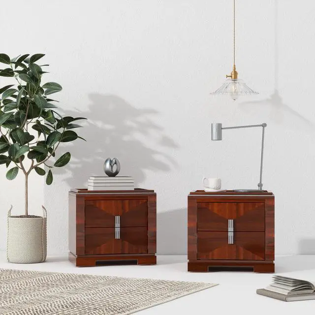 Alt view image 5 of 7 - Mid-Century Modern Nightstand, 2 Drawers Wide Sofa Side Table,Wood Diamond Shaped End Table With Storage,Closet With Heavy Duty Base,Small Bedside Table For Bedroom,Living Room,Entrance, Dark Brown