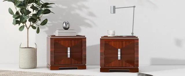 Alt view image 7 of 7 - Mid-Century Modern Nightstand, 2 Drawers Wide Sofa Side Table,Wood Diamond Shaped End Table With Storage,Closet With Heavy Duty Base,Small Bedside Table For Bedroom,Living Room,Entrance, Dark Brown