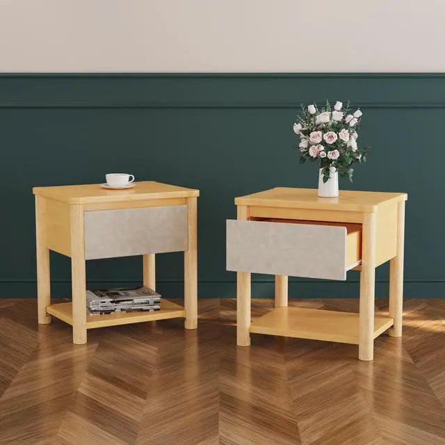 Main image of Wood Nightstand,Modern Nightstands With Drawer, Farmhouse Bedside Table For Bedroom Living Room ,Mp2(Set Of 2) Natural&Beige Color