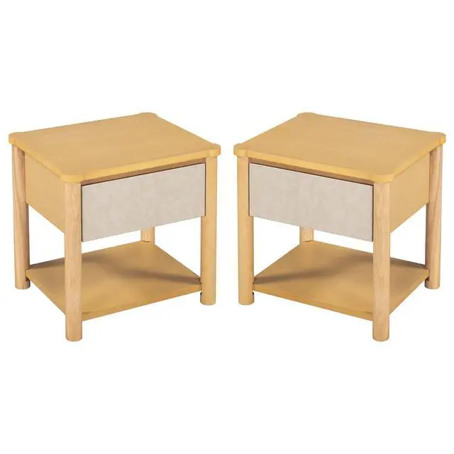 Alt view image 5 of 7 - Wood Nightstand,Modern Nightstands With Drawer, Farmhouse Bedside Table For Bedroom Living Room ,Mp2(Set Of 2) Natural&Beige Color