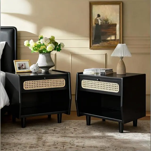 Alt view image 3 of 7 - Black Nightstand With Rattan Detail, Mdf + Solid Wood, Modern Bedroom Storage, Open Shelf & Drawer, Indoor Furniture