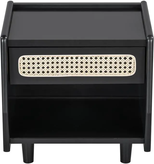 Alt view image 4 of 7 - Black Nightstand With Rattan Detail, Mdf + Solid Wood, Modern Bedroom Storage, Open Shelf & Drawer, Indoor Furniture