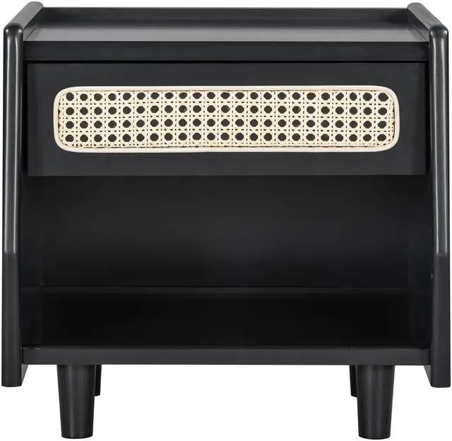 Alt view image 5 of 7 - Black Nightstand With Rattan Detail, Mdf + Solid Wood, Modern Bedroom Storage, Open Shelf & Drawer, Indoor Furniture