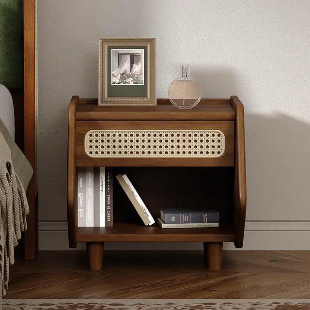 Main image of Walnut Nightstand With Rattan Detail, Mdf + Solid Wood, Modern Bedroom Storage, Open Shelf & Drawer, Indoor Furniture