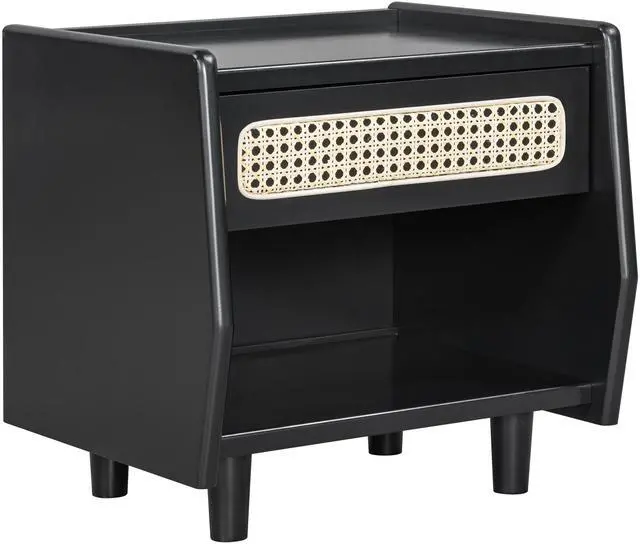 Alt view image 7 of 7 - Black Nightstand With Rattan Detail, Mdf + Solid Wood, Modern Bedroom Storage, Open Shelf & Drawer, Indoor Furniture